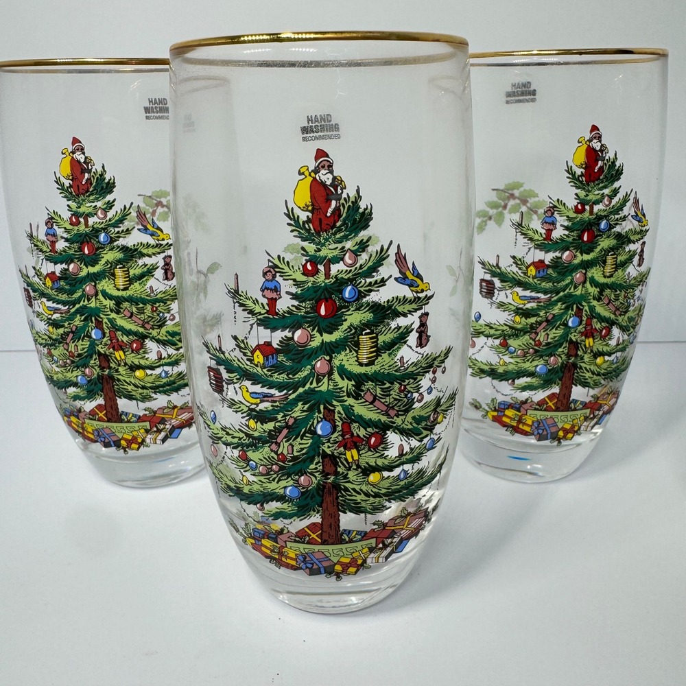 Spode Christmas Tree 6" Holiday Glass Tumblers 16oz Gold Rim Set of 4 with Box - Picture 4 of 11